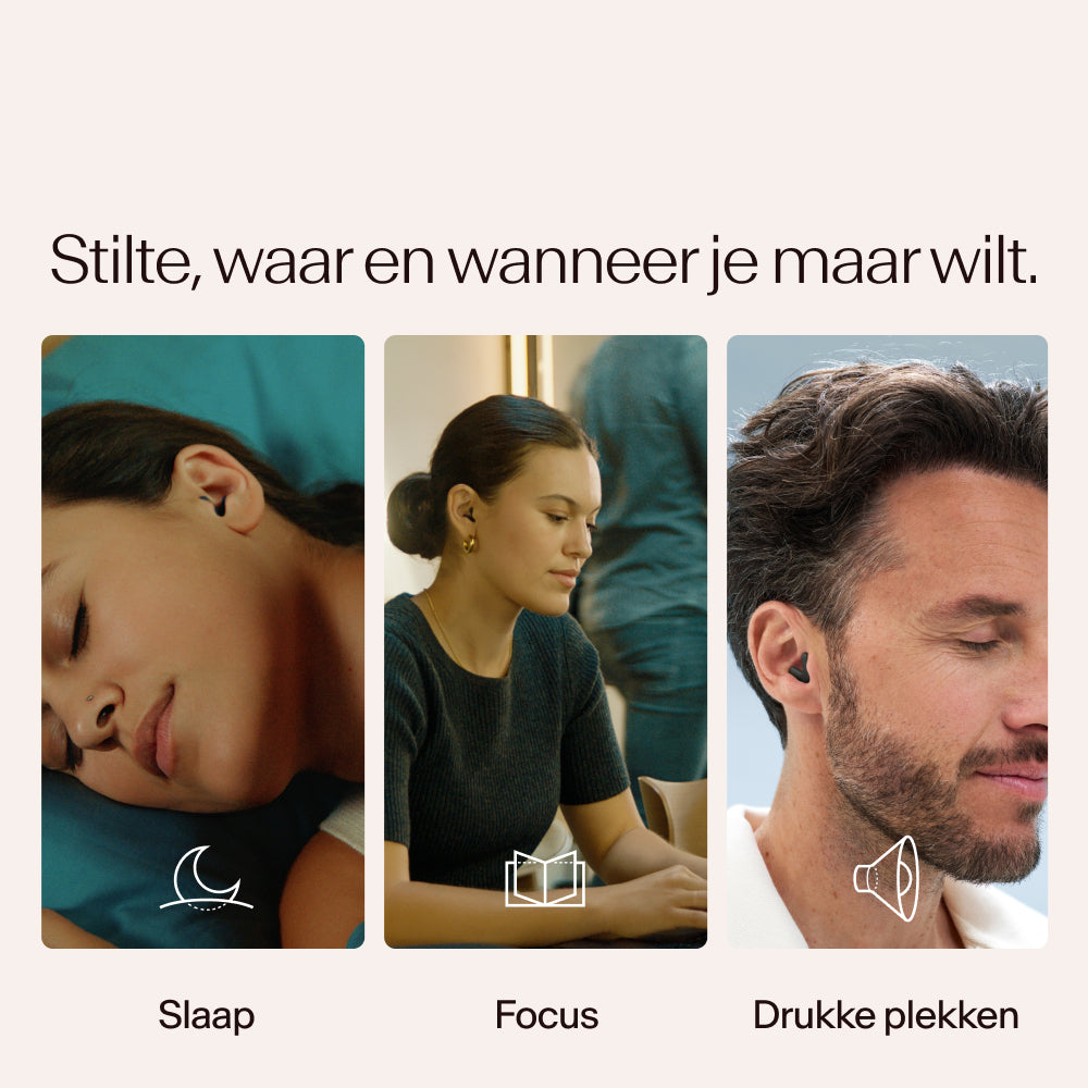 Three people in different states of rest or focus with text and icons indicating 'Sleep', 'Focus', and 'Press spots' #color_black  #lang_nl