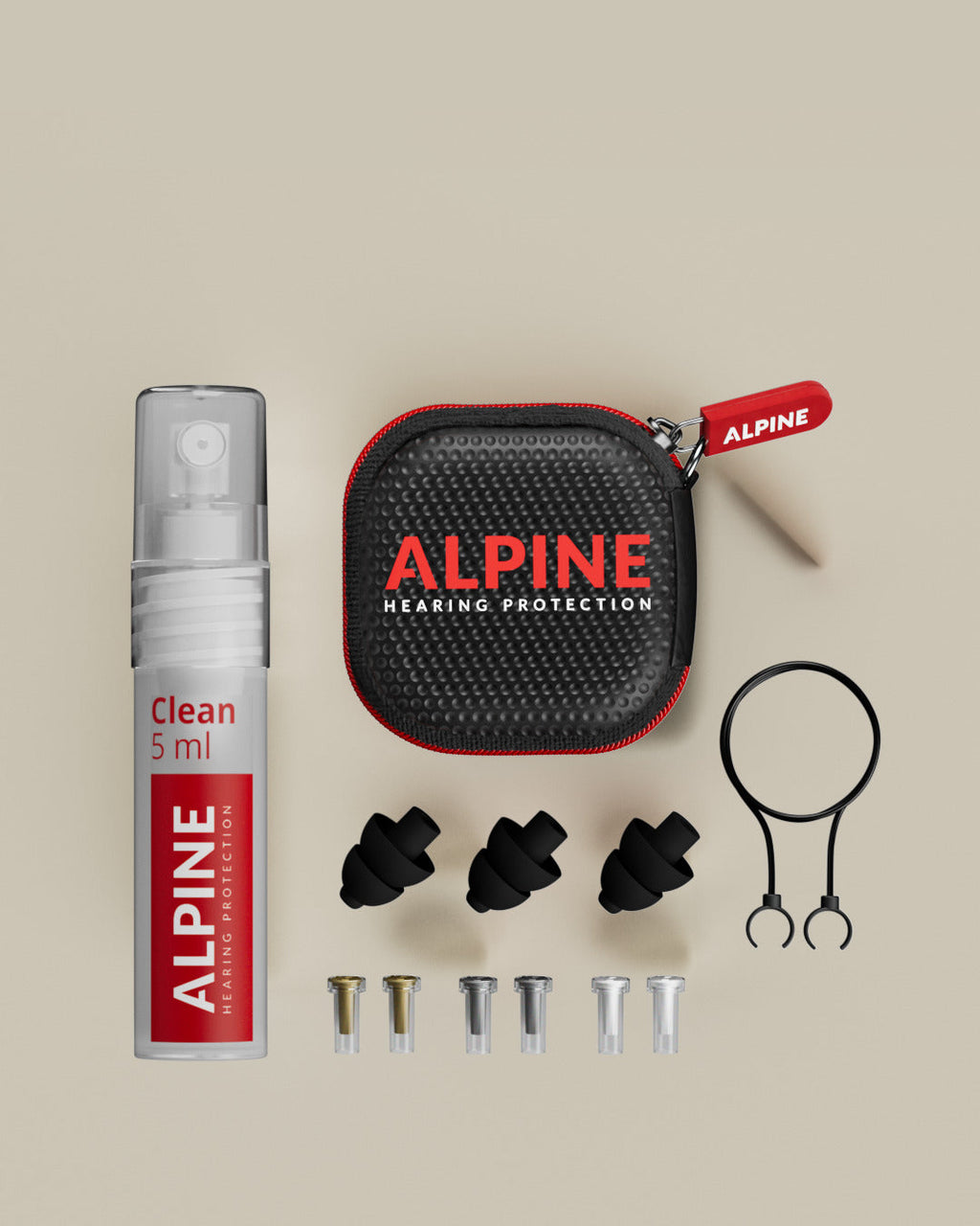 vue d’ensemble des bouchons d’oreilles Alpine MusicSafe Pro noirs avec accessoires #color_noir