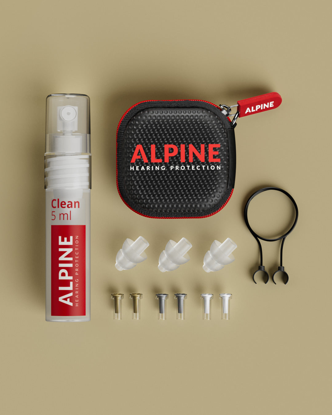 vue d’ensemble des bouchons d’oreilles Alpine MusicSafe Pro transparents avec accessoires #color_transparent