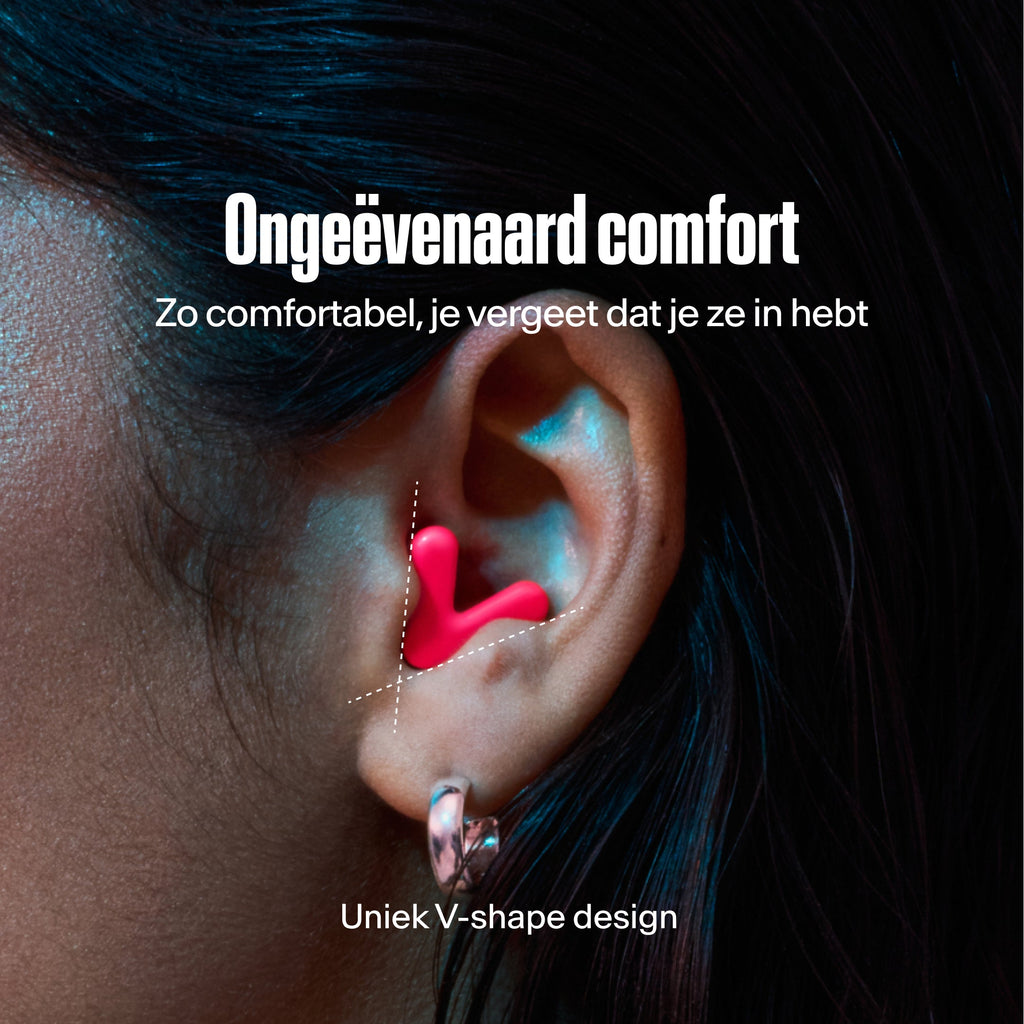 detailed image of an ear with an alpine tune earplug in neon-pink showing the snug fit in ear  #lang_nl#color_neon-pink